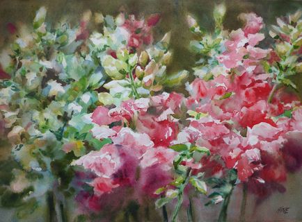En la imagen se muestra la obra Dragones rojos, una acuarela en la que la artista pintó varias de las flores que tienen ese nombre.